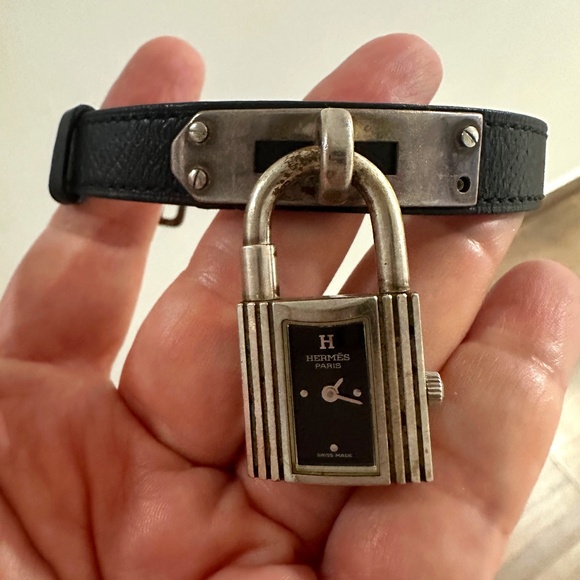 HERMES KELLY WATCH SILVER LOCK & BLACK BAND